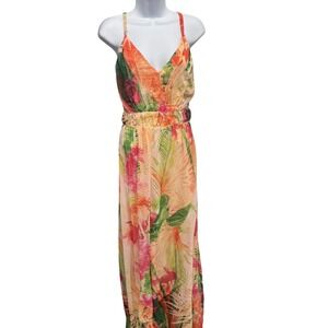Venus Tropical Floral Maxi Dress Womens 12 Orange Green V-Neck Summer Vacation